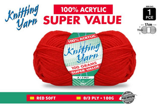Knitted Yarn 8Ply 100g Red CDU/10