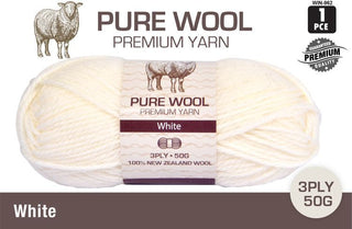 Pure Wool Premium Yarn 3 Ply 50g -  White