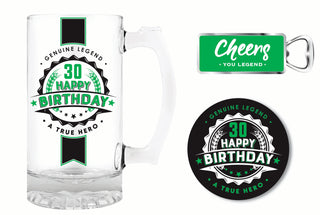 Glass Stein, Coaster & Opener Gift Set - 30th