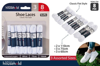 Shoe Laces Classic Flat Style White (8 pack)