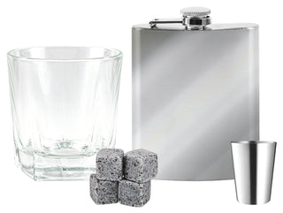 Whisky Glass, Hip Flask, Shot Glass & 4 Cubes in Wooden Box - Plain