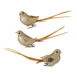 Gala Set of 3 Gold Sequin Feather Bird Ornaments 4x14cm