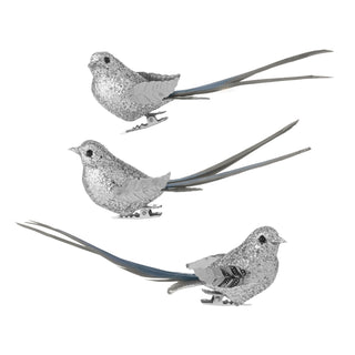 Gala Set of 3 Silver Sequin Feather Bird Ornaments 4x14cm