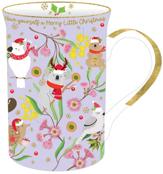 Christmas Aussie Friends Lavender Ceramic Mug with Gold Handle