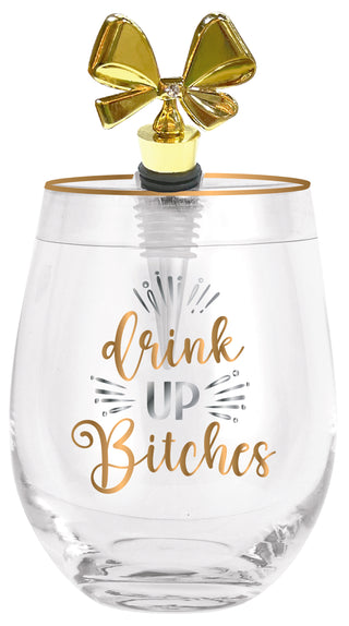 Drink Up Bitches Stemless Glass with Stopper